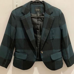 Jessica’s Simpson size small 3/4 sleeve blazer in plaid dark green and black.